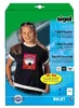 A product package for inkjet transfer foils for t-shirts, featuring a model wearing a t-shirt with a transfer design. Produktbild-Vorschau