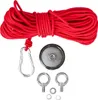 A set of items for magnet fishing, including a red rope, a round magnet, a carabiner, and two eye bolts, laid out on a white background. Voir les images du produit
