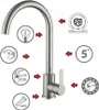 A stainless steel faucet with various icons and text indicating features and certifications. Podgląd zdjęcia produktu