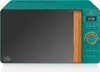 A teal microwave with a wood-grain handle and a digital display. Produktbild-Vorschau