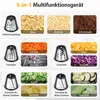 A collage of images showing different attachments for a food processor and examples of food processed by each attachment. Produktbild-Vorschau