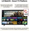 A television screen displaying the LG WebOS smart TV platform interface, with various app icons and content previews visible. Text boxes above and below the screen describe features and benefits. Produktbild-Vorschau