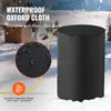 A black cylindrical cover is shown in a snowy outdoor environment, with a close-up inset of the fabric texture and water droplets. Text overlays describe the material and operating temperature. Produktbild-Vorschau