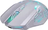 A white gaming mouse with blue and green LED lighting. Produktbild-Vorschau