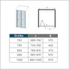 A diagram and a table showing dimensions for a shower enclosure. Produktbild-Vorschau