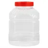 A clear, studio shot of a large, empty, transparent plastic storage jar with a red screw-on lid, isolated on a white background. Produktbild-Vorschau
