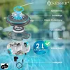 An exploded view diagram of a pool cleaning robot, showing its various components and their labels, set against a blurred background of a swimming pool. Produktbild-Vorschau