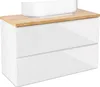 A white bathroom cabinet with a wooden top and a white sink on top, shown against a white background. Náhľad obrázku produktu