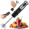 A Clatronic immersion blender is shown with its attachments, surrounded by fresh fruits and a smoothie. Voir les images du produit