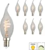 A collection of LED candle light bulbs with a flame-shaped glass enclosure and a spiral filament, displayed against a white background. There are also icons indicating color temperature and dimmability. Produktbild-Vorschau