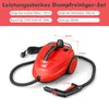 A red steam cleaner with its accessories and dimensions indicated by text overlays. Náhľad obrázku produktu