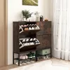 A shoe rack with two drawers and open shelves filled with shoes, placed in a room with a door and a window with curtains. Podgląd zdjęcia produktu