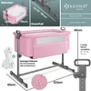 A collage of images showing a pink baby bassinet with its dimensions and features highlighted. Produktbild-Vorschau