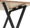 A close-up view of the underside of a table, showing the wooden surface and the black metal frame with adjustable feet. Produktbild-Vorschau