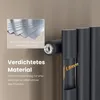 Close-up of a dark gray radiator with text overlays highlighting material properties and dimensions. Voir les images du produit