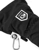 A close-up view of a black ski glove with a HESTRA logo and a carabiner attached. Anteprima dell’immagine prodotto