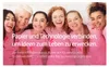 A group of women of different ages and ethnicities smiling and wearing pink shirts with pink ribbons, suggesting a breast cancer awareness theme. Text overlays promote HP paper. Produktbild-Vorschau
