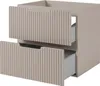 A beige bathroom cabinet with two drawers, one partially open, against a white background. Voir les images du produit