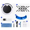 A flat lay image showing a robot vacuum cleaner and its accessories, arranged with numbered labels. Produktbild-Vorschau