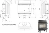 Technical drawings and a photograph of a fireplace insert. Podgląd zdjęcia produktu