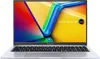 A silver Asus Vivobook laptop is shown from the front, open with the screen displaying a colorful abstract image. Produktbild-Vorschau