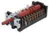 Close-up studio shot of a rotary switch component with a red knob and a ribbed shaft, mounted on a black base with silver electrical terminals. Produktbild-Vorschau