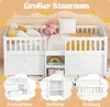 A white children's bed with storage drawers and shelves, featuring decorative elements and text overlays highlighting features. Anteprima dell’immagine prodotto