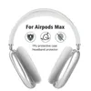 A pair of white and silver Apple AirPods Max headphones are shown against a white background, with text and icons overlayed. Produktbild-Vorschau
