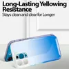 A gradient blue and clear phone case is shown with text overlay describing its features. Produktbild-Vorschau