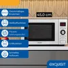 A microwave oven is shown with various feature callouts and dimensions. Produktbild-Vorschau