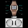 A diagram showing the features of a rose gold digital watch against a black background, with additional images of the watch bands at the bottom. Náhled obrázku produktu