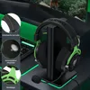 A gaming headset is displayed on a stand, with close-up insets highlighting its features. Produktbild-Vorschau