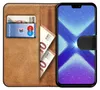 A book-style phone case is open, showing card slots and cash compartments on the left, and the phone screen on the right. Anteprima dell’immagine prodotto