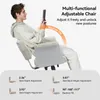 A man is sitting in a multi-functional adjustable chair, holding a tablet. The image includes text and diagrams highlighting the chair's features. Náhľad obrázku produktu