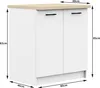 A white kitchen base cabinet with a wooden countertop, shown with dimensions indicated. Náhľad obrázku produktu