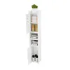 A tall, narrow white cabinet with two doors, one open, displaying shelves with various items. A small potted plant sits on top. Produktbild-Vorschau