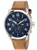 A close-up studio shot of a Tommy Hilfiger watch with a blue dial and a brown leather strap. Produktbild-Vorschau