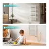 Collage showing a bathroom towel warmer and a child playing with a cat. Produktbild-Vorschau