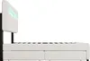 Side view of a white bed frame with a black headboard support and integrated LED lighting. Produktbild-Vorschau