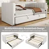 A white daybed with an extended pull-out bed, shown in a room setting and in a diagram illustrating its transformation. Anteprima dell’immagine prodotto