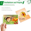 A marketing image showing a butterfly on flowers and a postcard with a sunflower, with text highlighting product features. Produktbild-Vorschau