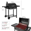 A black charcoal grill with dimensions and specifications displayed. Produktbild-Vorschau
