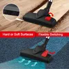 A split image showing a vacuum cleaner head on a wooden floor and a carpet, with text overlays highlighting features. Produktbild-Vorschau