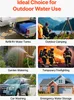 A collage of six images showcasing various outdoor water uses, including refilling RV tanks, camping, garden watering, firefighting, car washing, and emergency water storage. Podgląd zdjęcia produktu