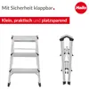 A product image showing a silver aluminum step stool in both an open and folded state, with marketing text and a brand logo. Náhľad obrázku produktu
