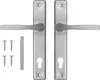 A pair of silver door handles with a keyhole on a white background. Náhled obrázku produktu