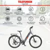 An advertisement for a Telefunken E-SUV300 electric bicycle, showcasing its features with icons and text, set against a blurred urban background with traffic. Produktbild-Vorschau