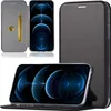 A black flip case for an iPhone 13 Pro is shown from multiple angles, including open and closed views, with the phone inside. Produktbild-Vorschau