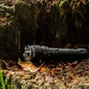 A black flashlight lying on the forest floor next to a mossy tree stump. Podgląd zdjęcia produktu