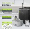A kitchen counter with an ice maker, ice bin, and a glass of ice water, along with marketing text highlighting features. Produktbild-Vorschau